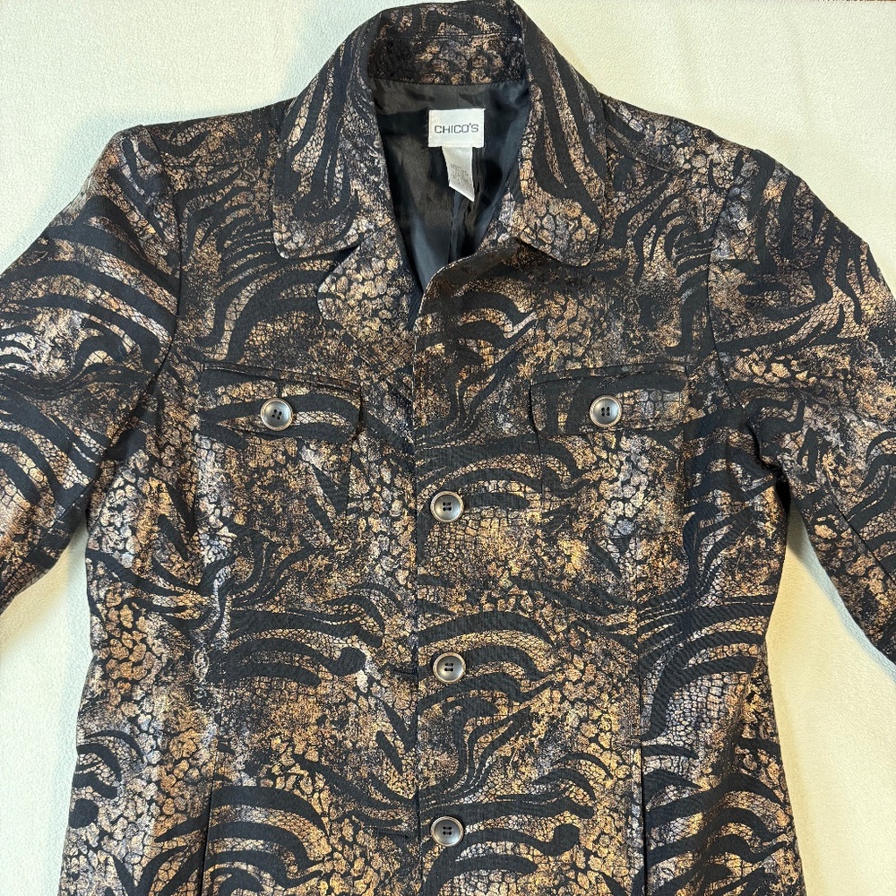 Chico’s Black & Gold Jacquard Button Front Jacket Size 1
